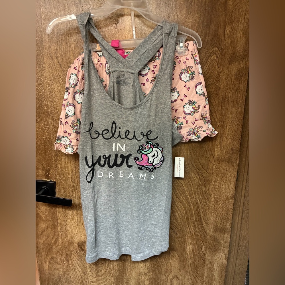 New XL Bobbie Brooks Gray Racerback Pajama Top with Pink Unicorn Shorts